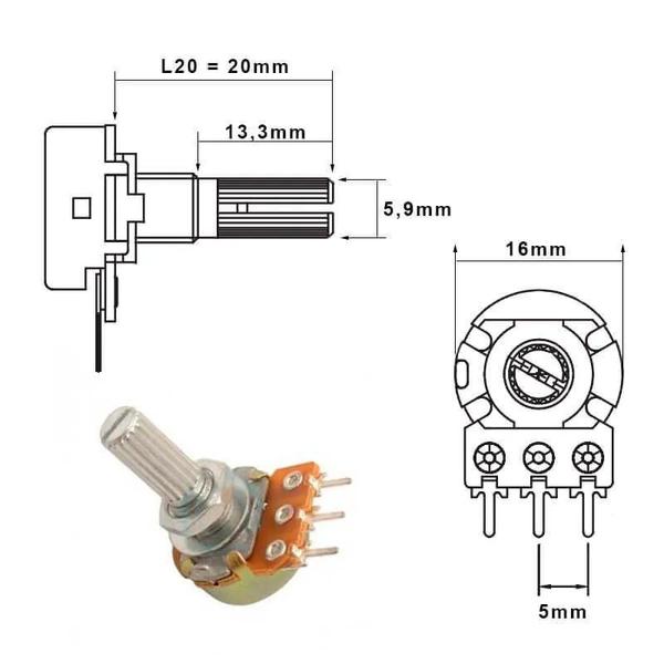 Imagem de Potenciômetro Linear Simples L20 Estriado C/ Knob