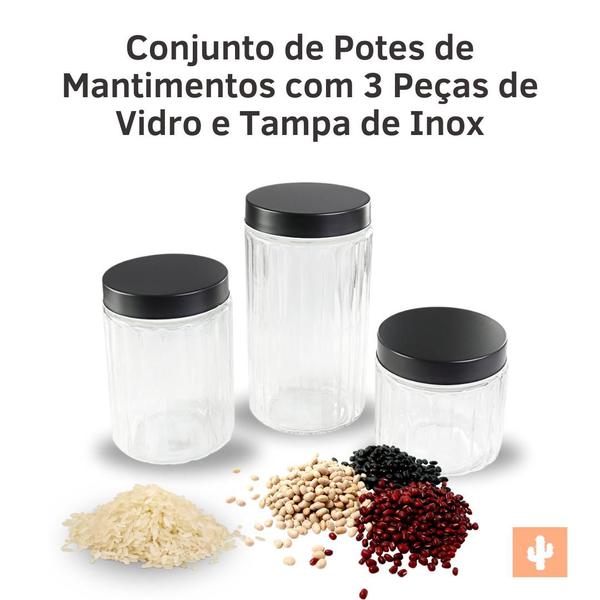 Imagem de Potes de Mantimentos com 3 Peças de Vidro e Tampa de Inox