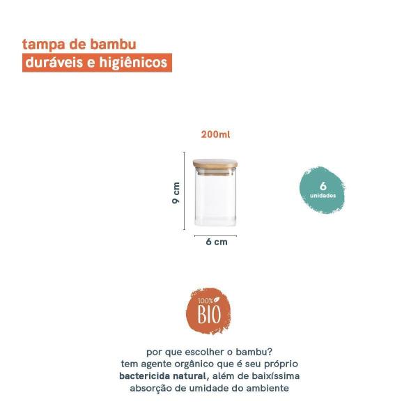 Imagem de Potes De Mantimentos Quad 200Ml Com Tampa Bambu Oikos 6 Pçs