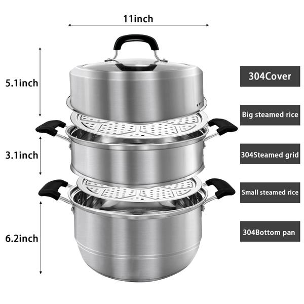 Imagem de Potes de vapor MANO para cozinhar pote de vapor de 11 polegadas com tampa de 2 níveis multiuso de aço inoxidável panela de panela com alça para vegetais, bolinhos, estoque, molho, alimentos