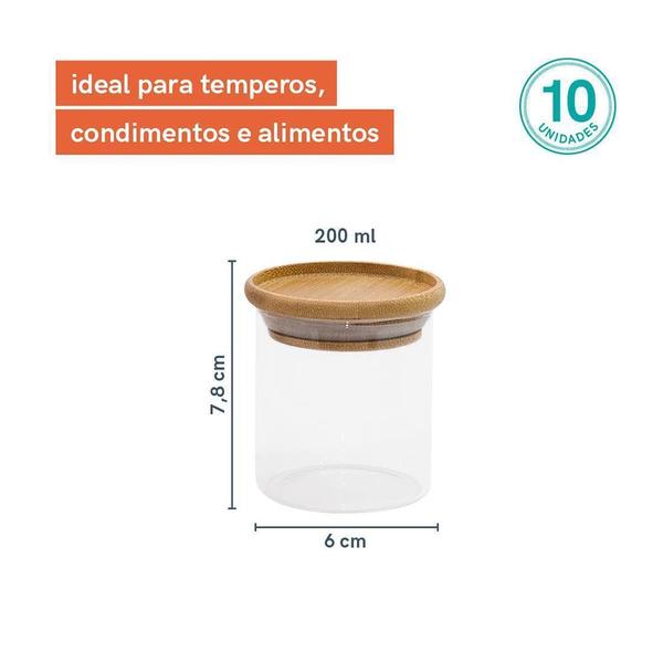 Imagem de Potes De Vidro Mantimentos Com Tampa Bambu 200Ml - 10 Pçs