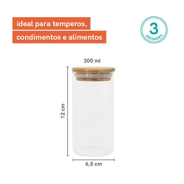 Imagem de Potes de Vidro P/ Mantimentos 300ml C/ Tampa Bambu - 3 Pçs Oikos