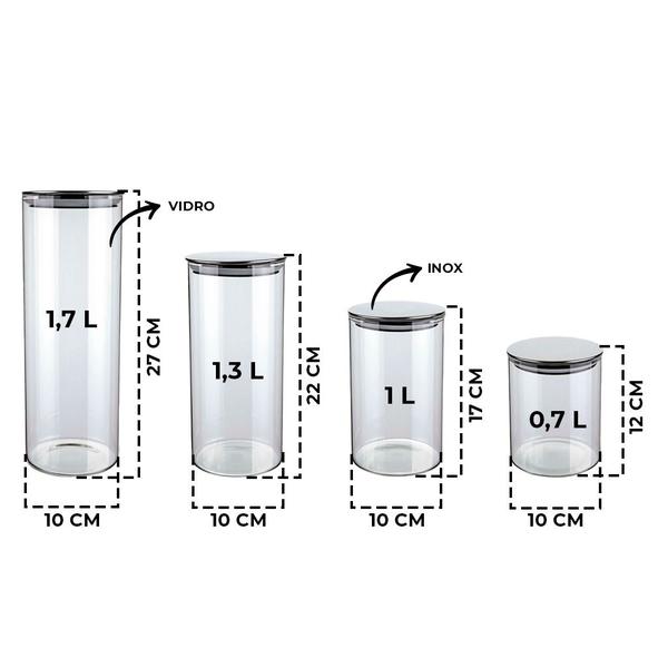 Imagem de Potes de Vidro Para Organização 4 Tamanhos Com Tampa Inox