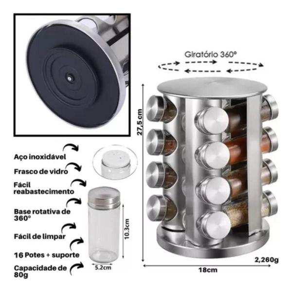 Potes Giratório de Tempero Inox/Vidro Organize sua Cozinha com Estilo e Conforto - BLACK WATCH Imagem de Potes Giratório de Tempero Inox/Vidro Organize sua Cozinha com Estilo e Conforto