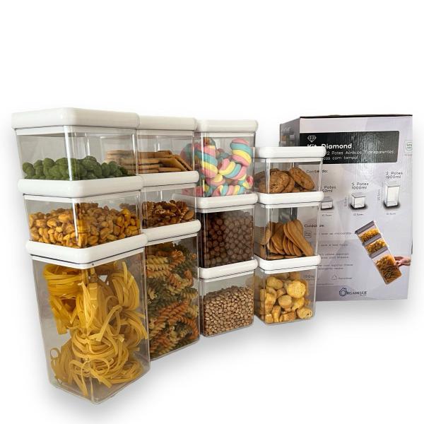 Potes Herméticos Kit 12 Organizador Mantimento Geladeira Despensa Acrílico Alta Qualidade Empilhavel - Organiser Imagem de Potes Herméticos Kit 12 Organizador Mantimento Geladeira Despensa Acrílico Alta Qualidade Empilhavel