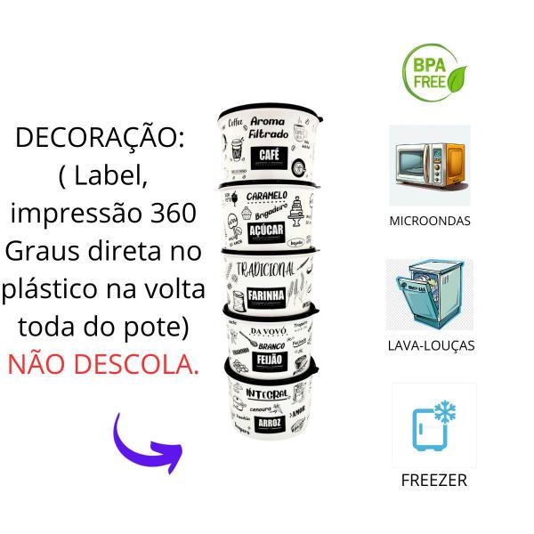 Imagem de Potes Mantimentos Plástico Decoração Kit 5 Potes Premium