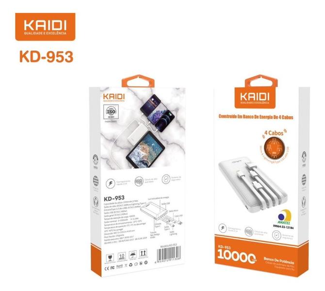 Imagem de Power Bank Kaidi 10000mah Carregador Portátil 4 Cabos Kd-953