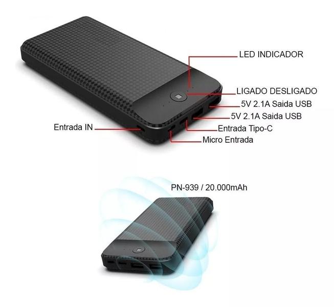 Imagem de Power Bank Portátil Slim De 20000mah PW-20 Universal