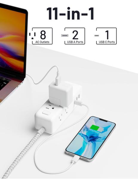 Imagem de Power Strip ELEGRP, 8 tomadas, 3 portas USB, cabo de extensão de 6 pés