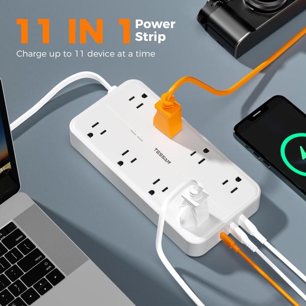 Imagem de Power Strip TESSAN com 8 saídas e 3 portas USB, proteção contra sobretensão