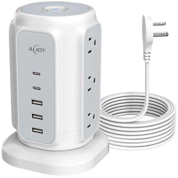 Imagem de Power Strip Tower AiJoy com 9 tomadas AC e 5 portas USB de 6,5 pés