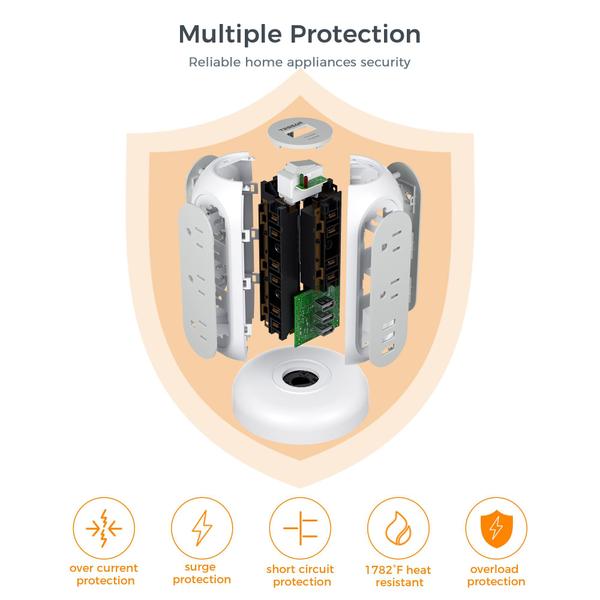 Imagem de Power Strip Tower TESSAN Ultra Thin, 11 tomadas, 3 cabos USB de 5 pés