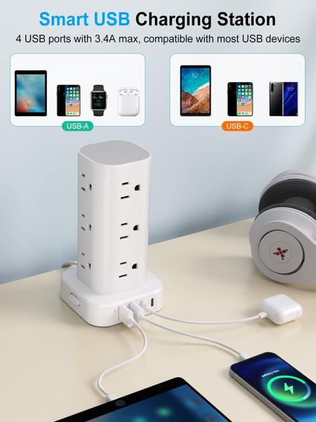 Imagem de Power Strip Tower UWIWUTEI 12 tomadas AC 4 portas USB brancas