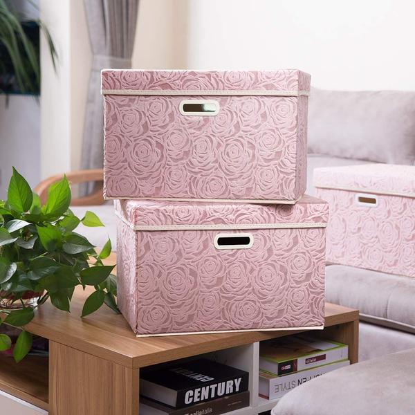 Imagem de PRANDOM Caixas de armazenamento dobráveis maiores com tampas de tecido de armazenamento decorativo caixas de armazenamento organizadoras cestas de contêineres com punhos divisor para quarto closet sala rosa 17.7x11.8x11.8 Polegadas 3 Pack