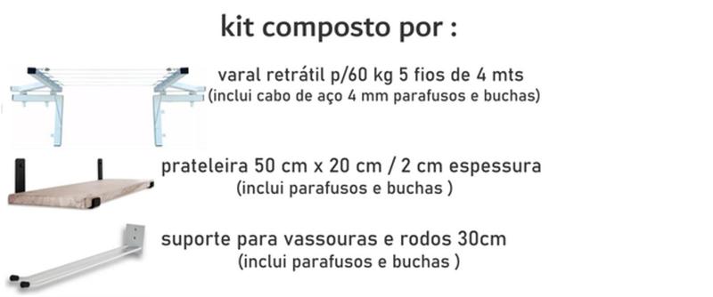 Imagem de Prateleira 50x20 + Varal Durável para 60 kg + Suporte de Vassoura