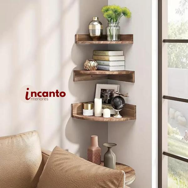 Imagem de Prateleira de Canto Eleganza 3 Níveis - MDF Madeira Decorativa Kit