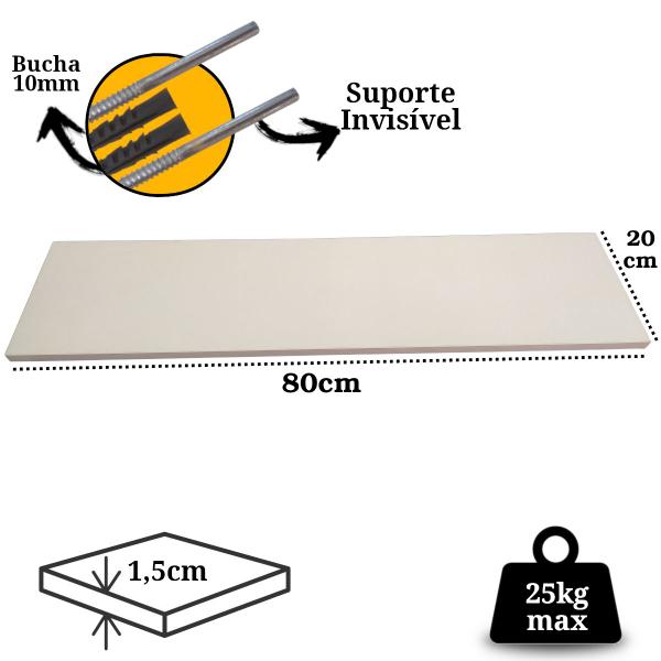 Imagem de Prateleira de madeira c/ Suporte Invisível Prateleira Quarto Sala 80x20 Branca Dicarlo