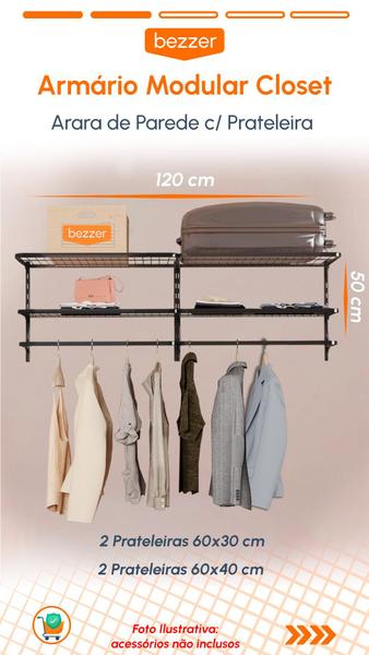 Imagem de Prateleira Guarda Roupa Modular Smart Cabideiro Closet Armário Arara 120 x 50cm organizador Industrial Aramado de Parede