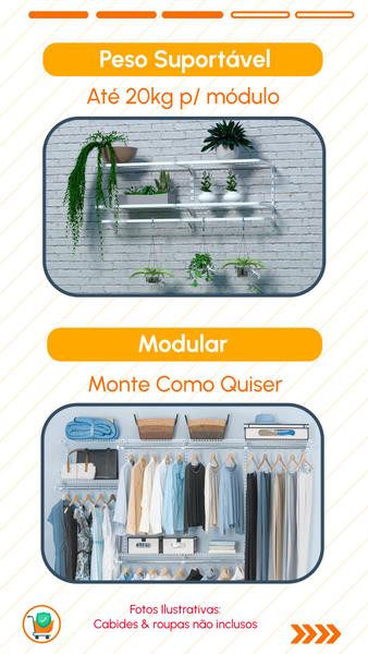 Imagem de Prateleira Guarda Roupa Modular Smart Cabideiro Closet Armário Arara 120 x 50cm organizador Industrial Aramado de Parede