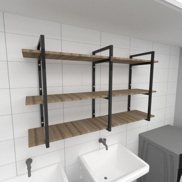 Imagem de Prateleira industrial para lavanderia aço cor preto mdf 30cm cor amadeirado escuro modelo ind12aelav