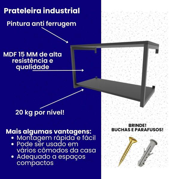 Imagem de Prateleira industrial suspensa estante parede nicho branca ferro e madeira suporte pratileira