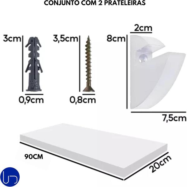 Imagem de Prateleira Invisível Plus 15cm MDF Madeira Branca Alta Capacidade 12Kg Perfeita Para Decoração Organização 2un 90cm