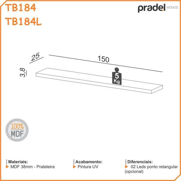 Imagem de Prateleira MDF para Painel de TV com luzes LED e suporte invisível 1,50m TB184L Dalla Costa