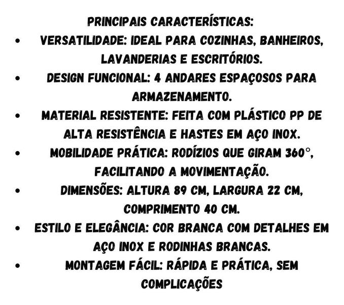 Imagem de Prateleira Multiuso 4 Andares com Rodinha - Altura: 89cm Largura: 22cm Comprimento: 40cm Cor: Cinza