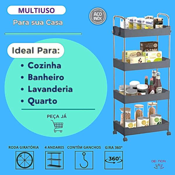 Imagem de Prateleira Multiuso 4 Andares Estante Rodinhas Facil Montar Cozinha Banheiro Quarto Plastico e Inox