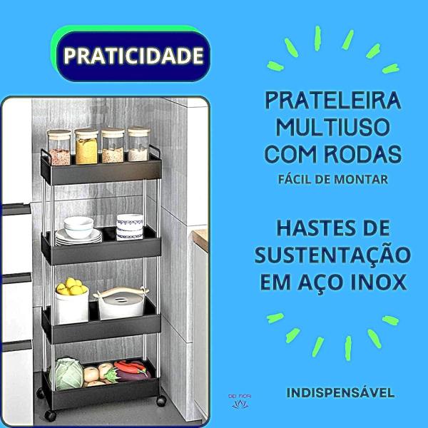 Imagem de Prateleira Multiuso 4 Andares Estante Rodinhas Facil Montar Cozinha Banheiro Quarto Plastico e Inox