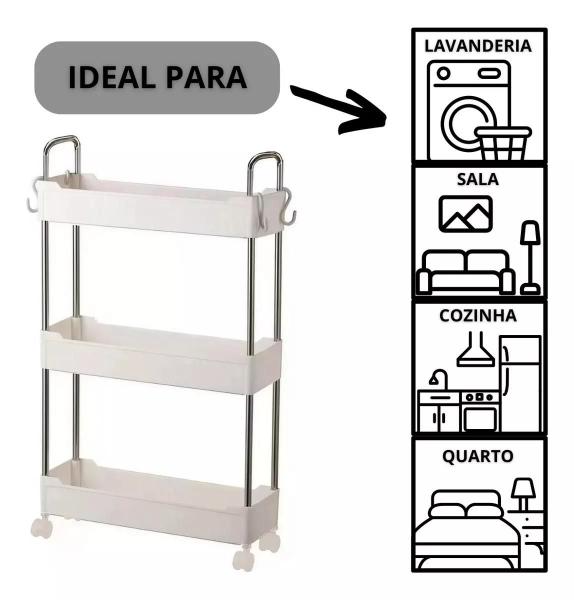 Imagem de Prateleira Organizador Multiuso 3 Andares Rodinhas Carrinho hastes e alças em inox e rodas Cor: Branco