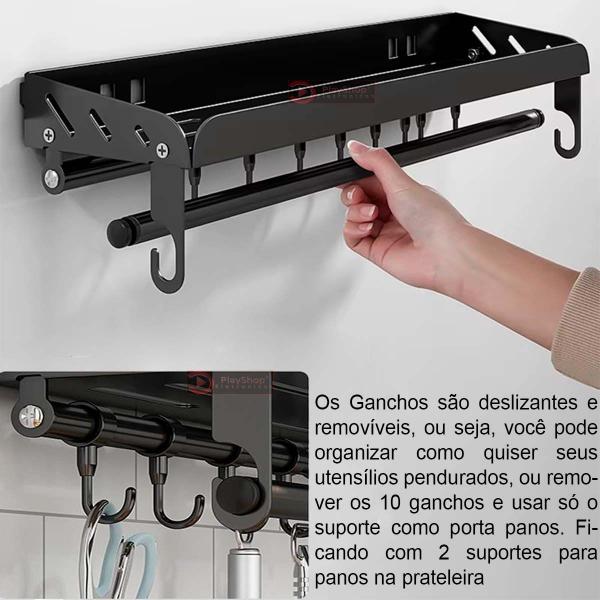 Imagem de Prateleira Organizadora 50CM Preto Cozinha e Banheiro Condimento Tempero Especiarias e Shampoo Utensílio Talher Pano