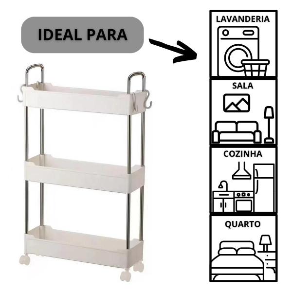 Imagem de Prateleira Organizadora Multiuso 3 Andares Rodinhas Carrinho Compacta Cozinha Lavanderia 360