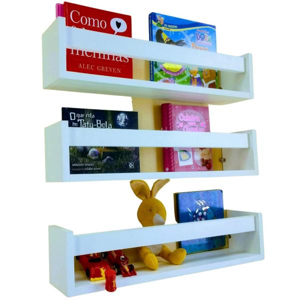 Imagem de Prateleira Para Colocar Livros e Brinquedos Infantis Nicho Mdf Branco Para Sala de Leitura 3pçs 55 cm