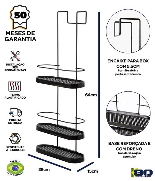 Imagem de Prateleira Porta Shampoo Banheiro Suporte 3 Andares Sem furo De Box - Preto