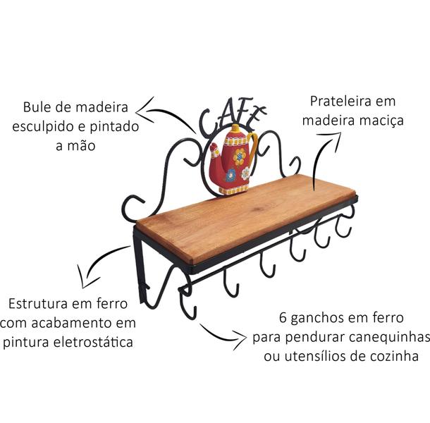 Imagem de Prateleira Rústica Flutuante P/ Cantinho Do Café em Ferro e Madeira