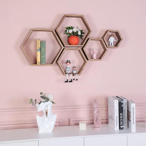 Imagem de Prateleiras flutuantes PHOENANCEE Hexagon, conjunto de 5 madeiras para casa