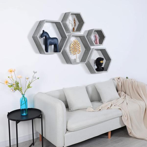 Imagem de Prateleiras flutuantes PHOENANCEE Hexagon Wood Farmhouse Style