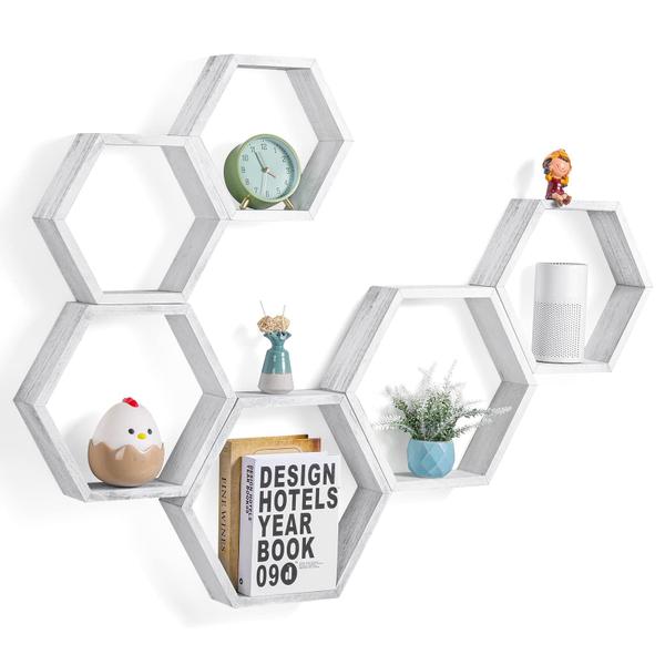 Imagem de Prateleiras flutuantes YBING Hexagon Honeycomb, conjunto de 6 suportes de parede