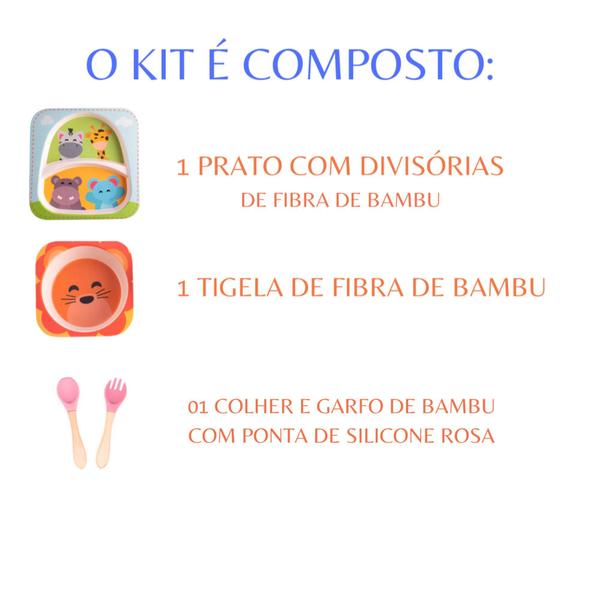 Imagem de Pratinho Infantil Com Divisória Tigela Bowl e Talher de Silicone Kit 3 peças Tigrinho Rosa