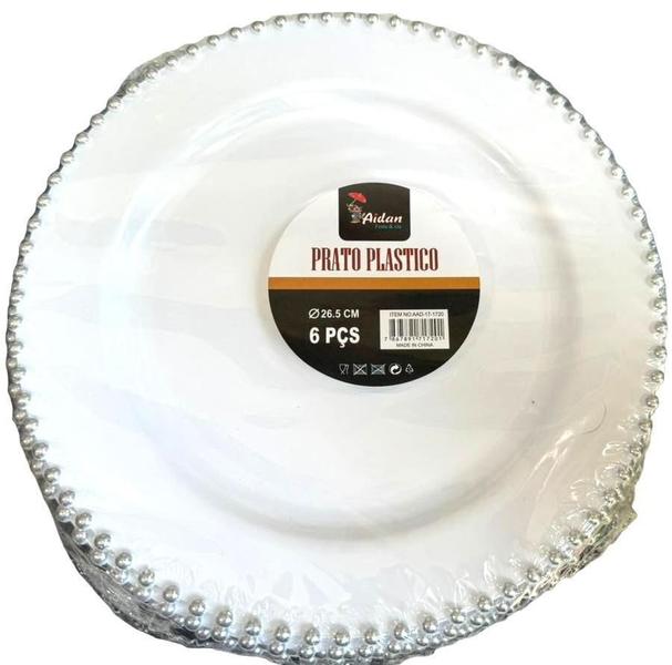 Imagem de Prato De Jantar Acrílico Borda Bolinha Prata 26Cm -Kit 12Un