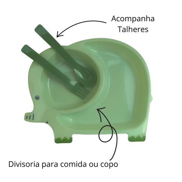 Imagem de Prato de Refeição Papinha Infantil Elefante com Divisória e Talhares para Introdução Alimentar do Bebê