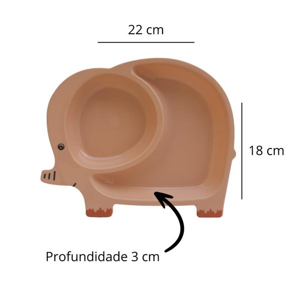 Imagem de Prato de Refeição Papinha Infantil Elefante com Divisória e Talhares para Introdução Alimentar do Bebê