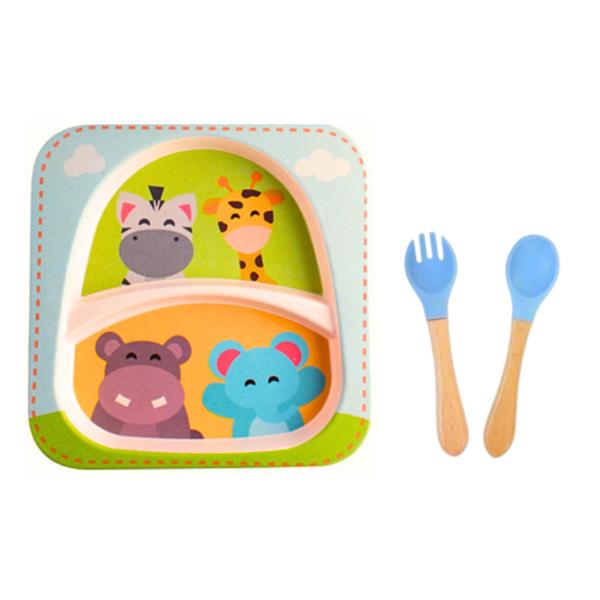 Imagem de Prato infantil com divisória kit alimentação bebê com talher de silicone e bambu