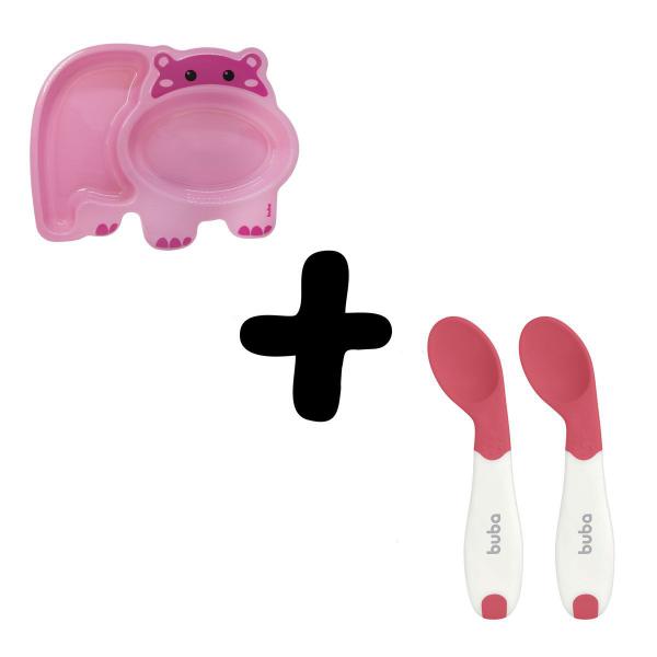 Prato Infantil com Divisórias Hipopotamo Rosa e Kit 2 Colheres Termossensíveis Curvadas Buba Imagem de Prato Infantil com Divisórias Hipopotamo Rosa e Kit 2 Colheres Termossensíveis Curvadas Buba