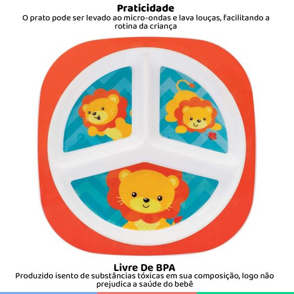 Imagem de Prato Infantil Raso Animal Fun Bebê Criança 6 Meses Para Introdução Alimentar Com 3 Divisórias Leão Buba