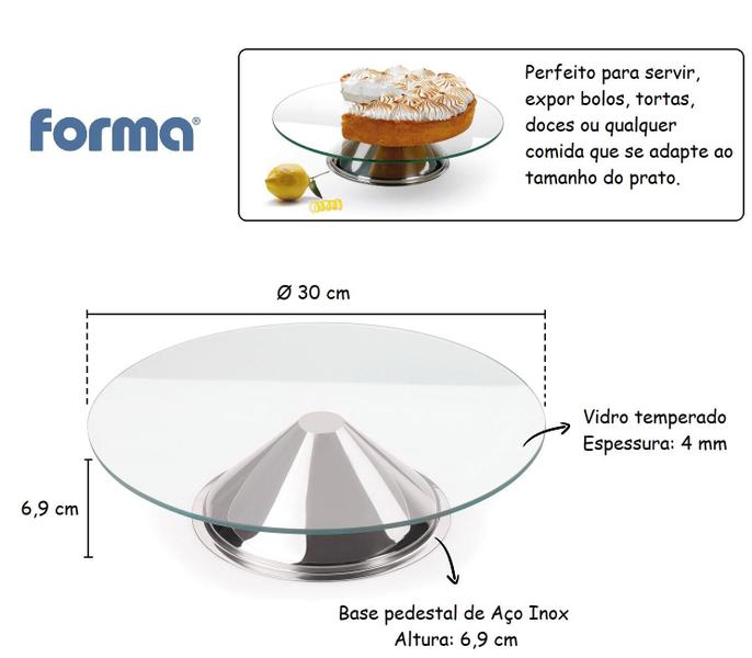 Imagem de Prato Para Bolo De Vidro Boleira Bailarina Base Inox 30cm