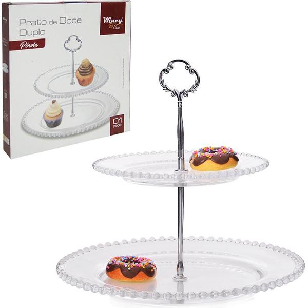 Prato Para Bolo / Doces De Vidro Duplo Perola 19/27Cm - Wincy Imagem de Prato Para Bolo / Doces De Vidro Duplo Perola 19/27Cm