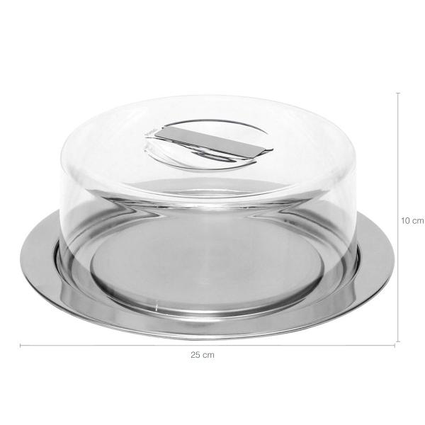 Imagem de Prato Para Queijo 25cm Porta Bolo Aço Inox Tampa Transparente Vision