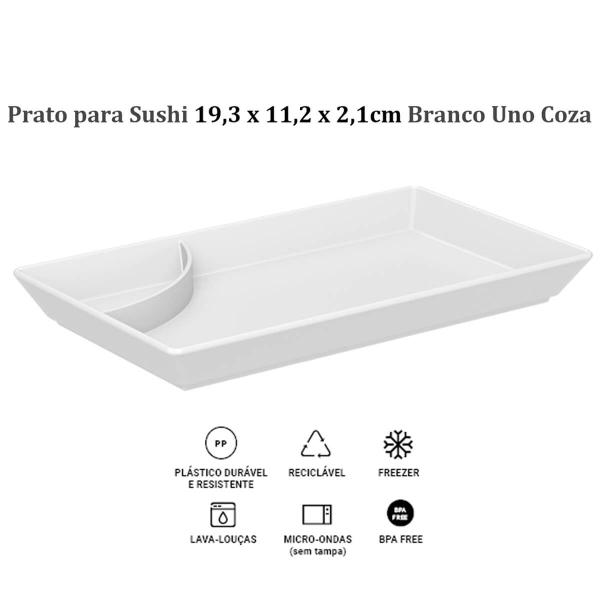 Imagem de Prato para Sushi com Porta Shoyu Uno Coza Travessa Branca Retangular 19,3cm em Polipropileno